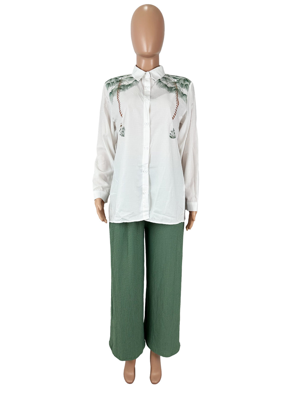 Palm Print Shirt And Wide Leg Trouser Set - White