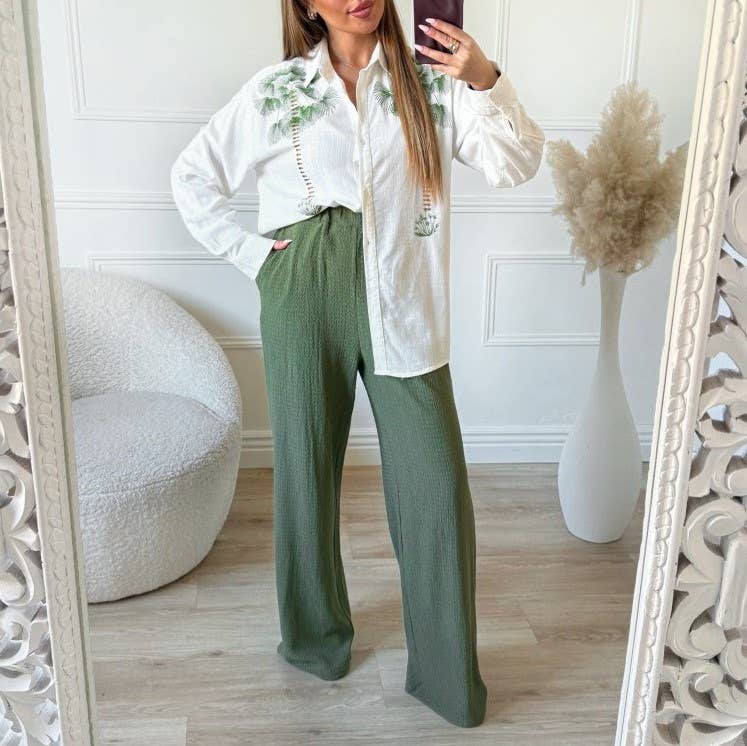 Palm Print Shirt And Wide Leg Trouser Set