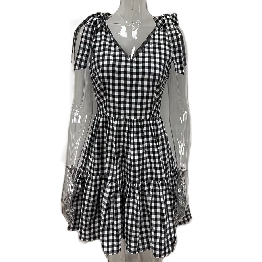 Gingham Tie Shoulder Tiered Mini Dress - Black - 1