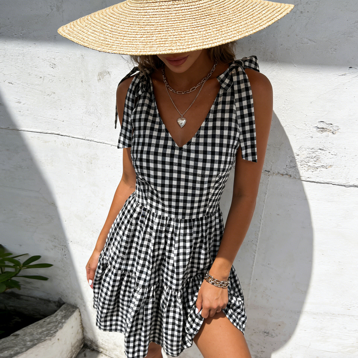 Gingham Tie Shoulder Tiered Mini Dress - Black - 2
