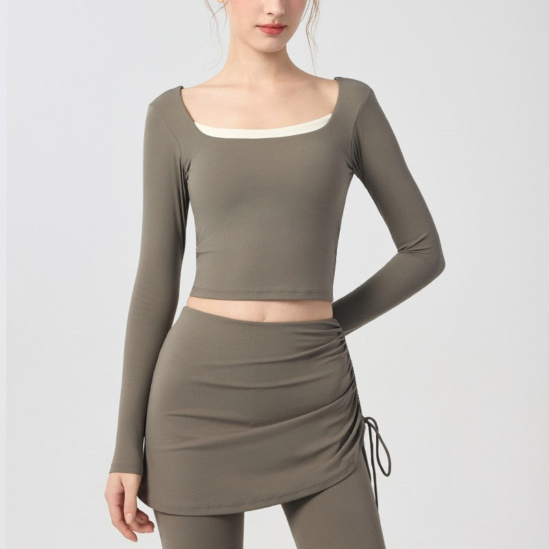 Square Neck Twist Back Cropped Long Sleeve Yoga Top