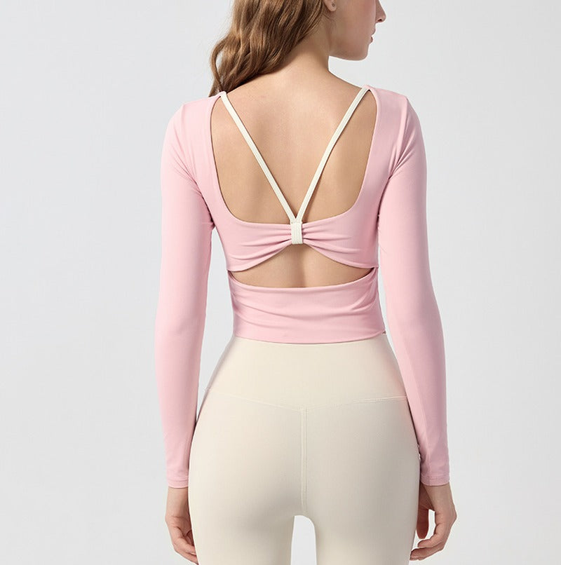 Square Neck Twist Back Cropped Long Sleeve Yoga Top