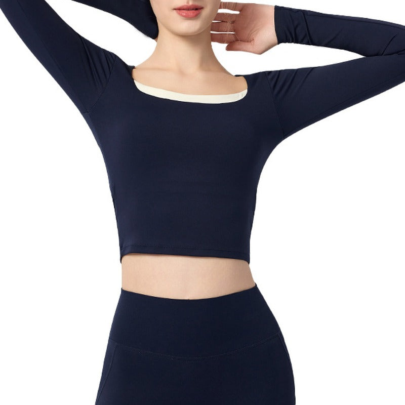 Square Neck Twist Back Cropped Long Sleeve Yoga Top