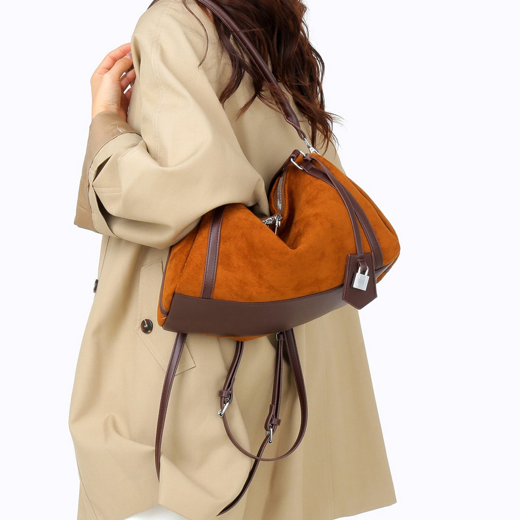 Faux Suede Boston Bag with Padlock Charm