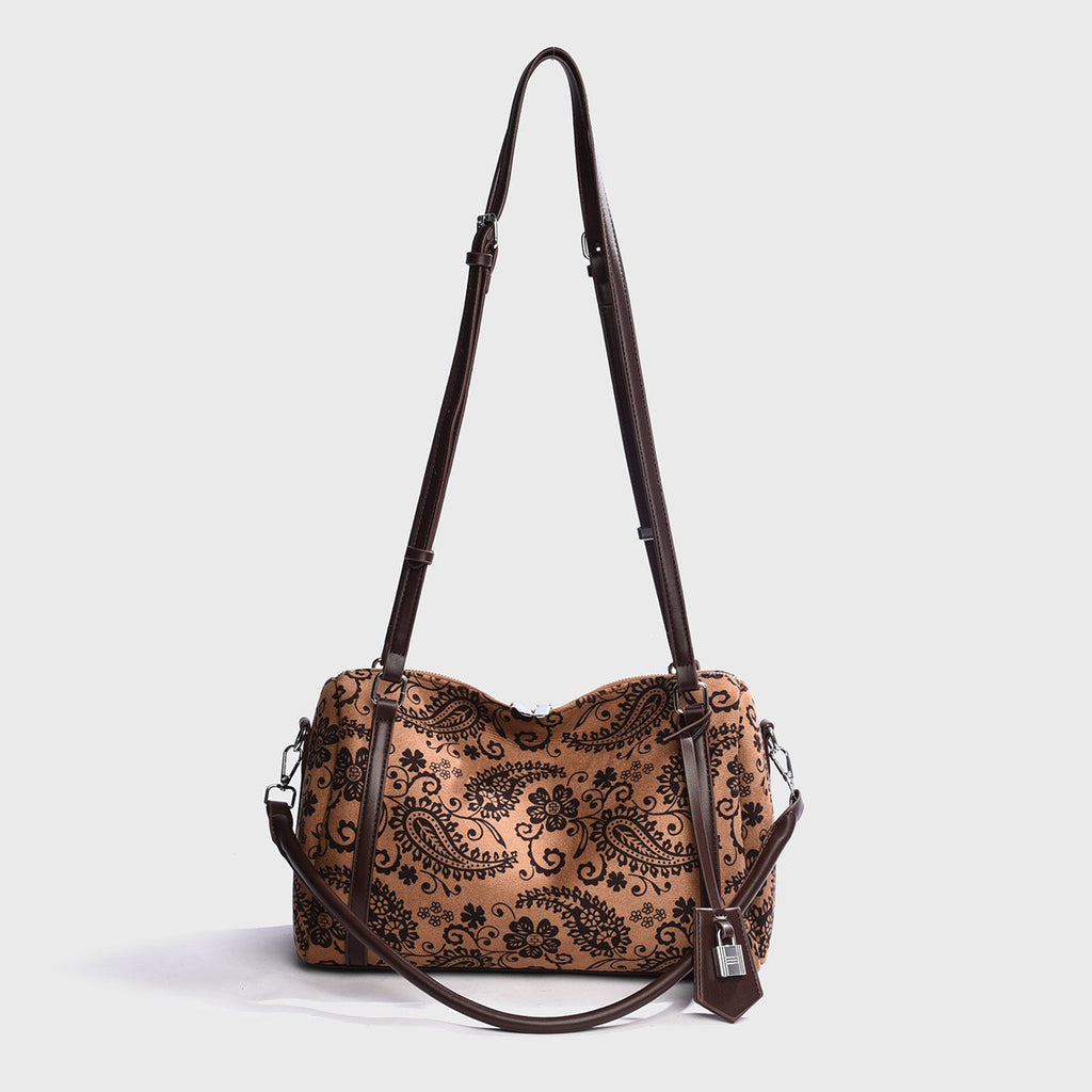 Faux Suede Boston Bag with Padlock Charm