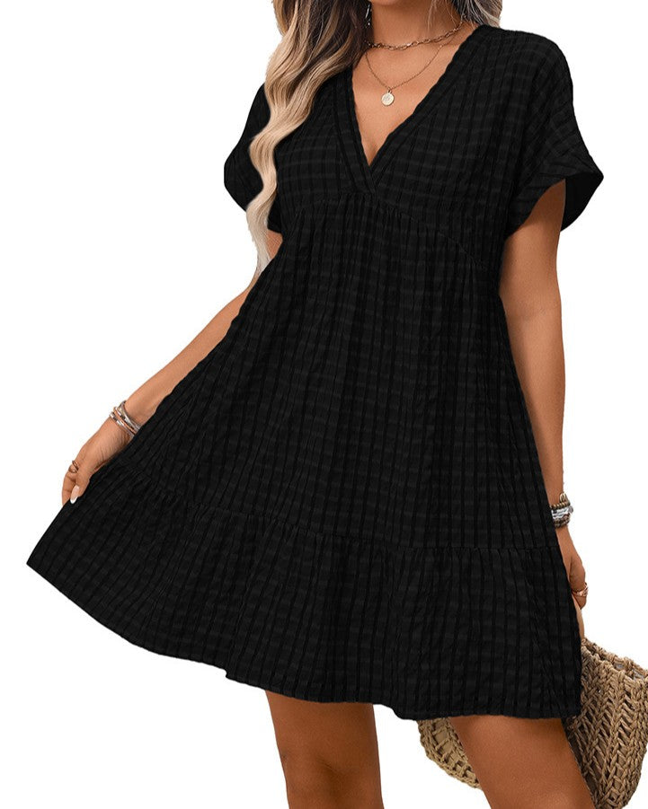 Textured Check Tiered Babydoll Mini Dress - Black