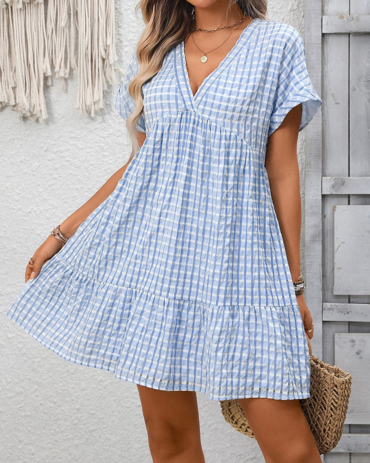 Textured Check Tiered Babydoll Mini Dress - Light-Blue