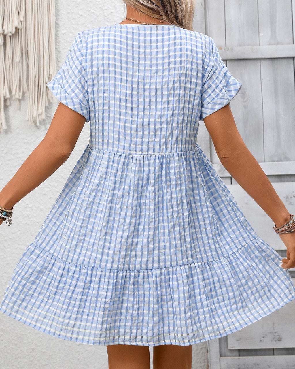 Textured Check Tiered Babydoll Mini Dress - Light-Blue - 2