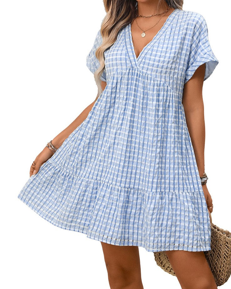 Textured Check Tiered Babydoll Mini Dress - Light-Blue - 3