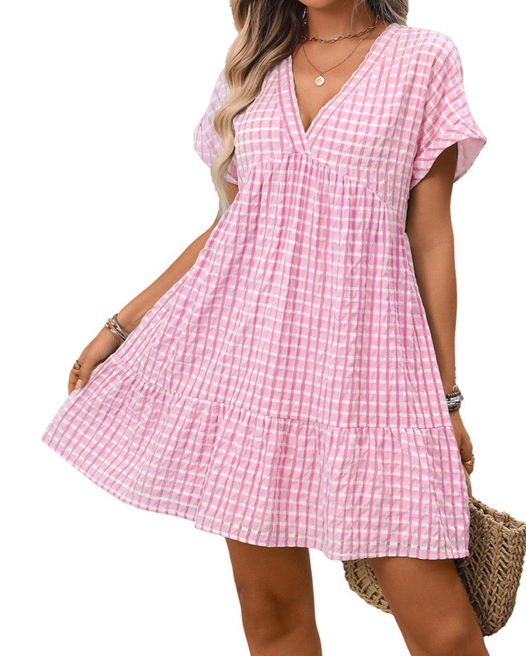 Textured Check Tiered Babydoll Mini Dress - Pink