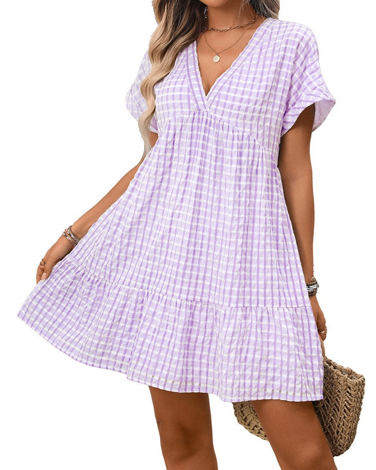 Textured Check Tiered Babydoll Mini Dress - Purple
