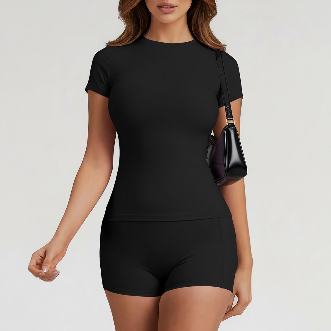 Brushed Fitted Tee and Pocket Shorts Workout Set - Black