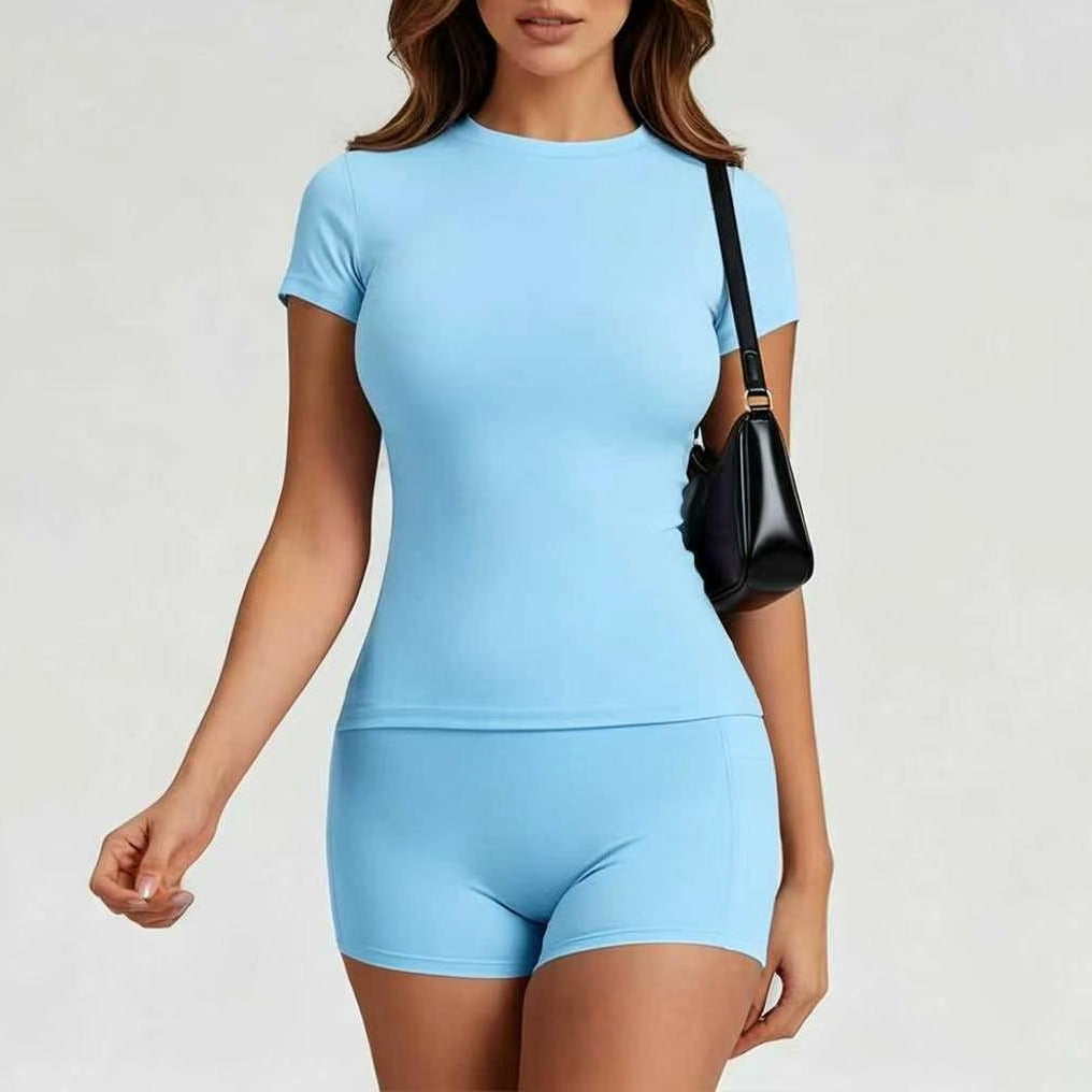 Brushed Fitted Tee and Pocket Shorts Workout Set - Sky Blue