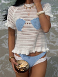 Shell Patch Crochet Knit Top with Ruffle Trim - White
