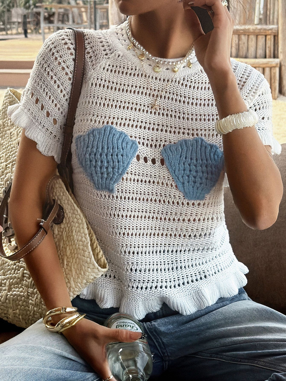 Shell Patch Crochet Knit Top with Ruffle Trim - White - 3