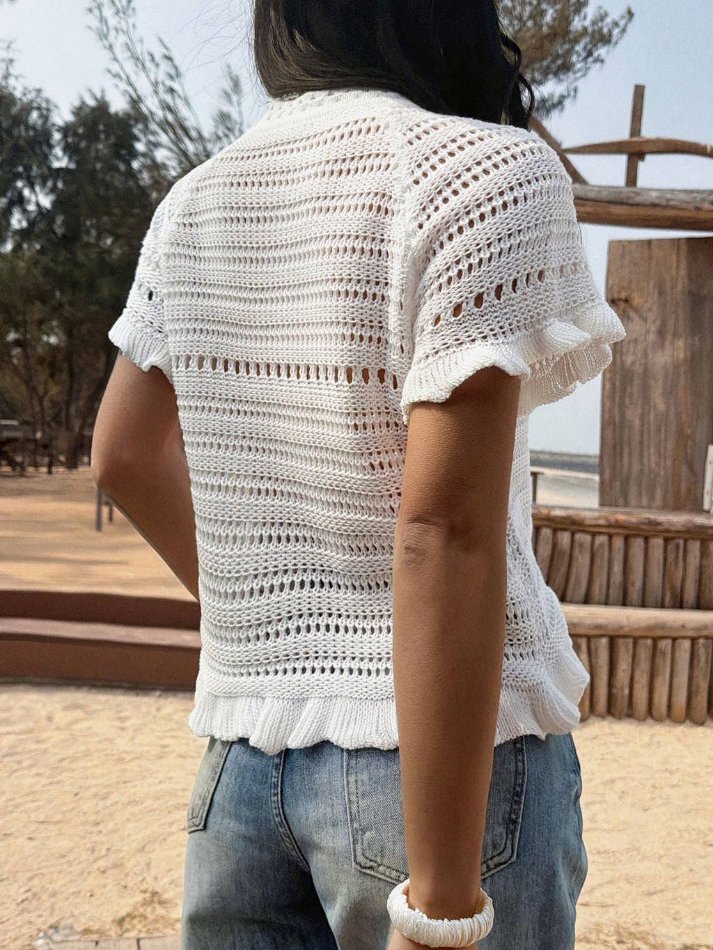 Shell Patch Crochet Knit Top with Ruffle Trim - White - 4