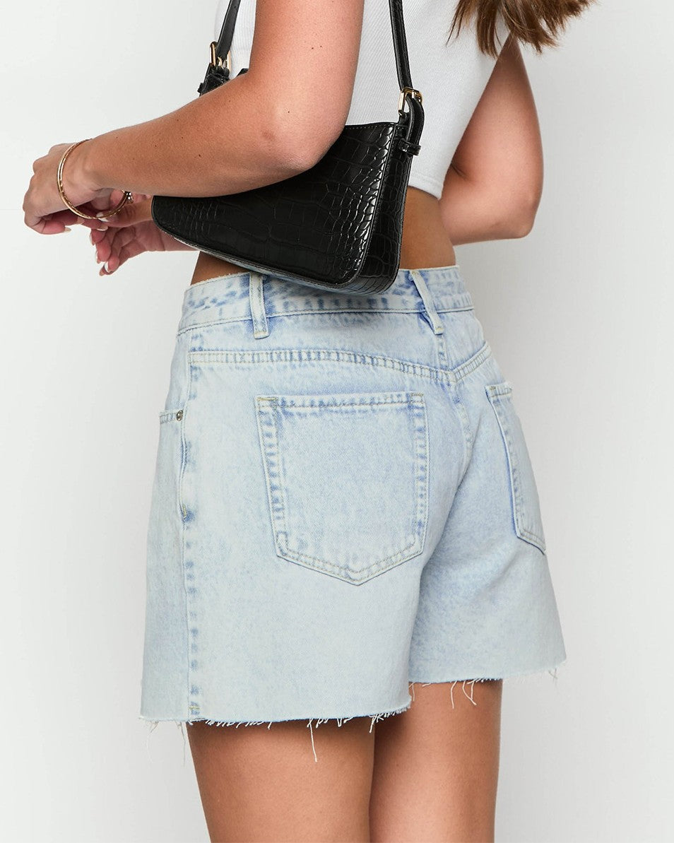 Relaxed Fit Frayed Hem Denim Shorts - Blue - 2