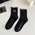 Bow Embroidered Ruffle Cuff Crew Socks - Black