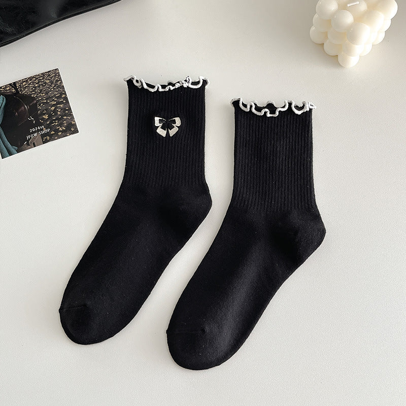 Bow Embroidered Ruffle Cuff Crew Socks - Black