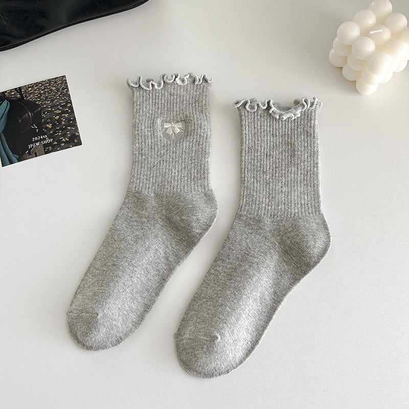 Bow Embroidered Ruffle Cuff Crew Socks - Grey