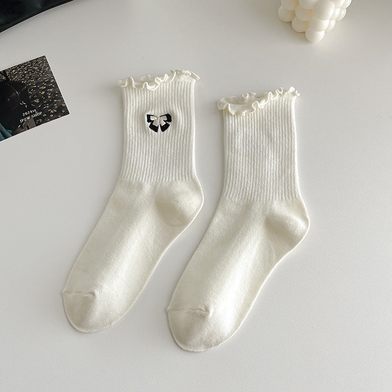 Bow Embroidered Ruffle Cuff Crew Socks - MilkWhite