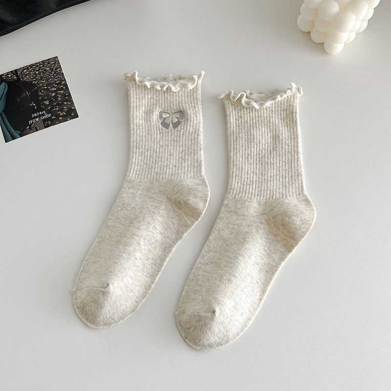 Bow Embroidered Ruffle Cuff Crew Socks - OffWhite