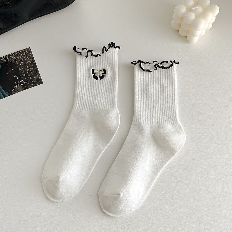Bow Embroidered Ruffle Cuff Crew Socks - White
