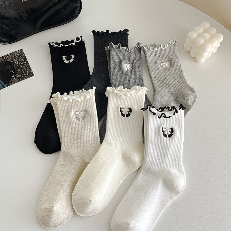 Bow Embroidered Ruffle Cuff Crew Socks