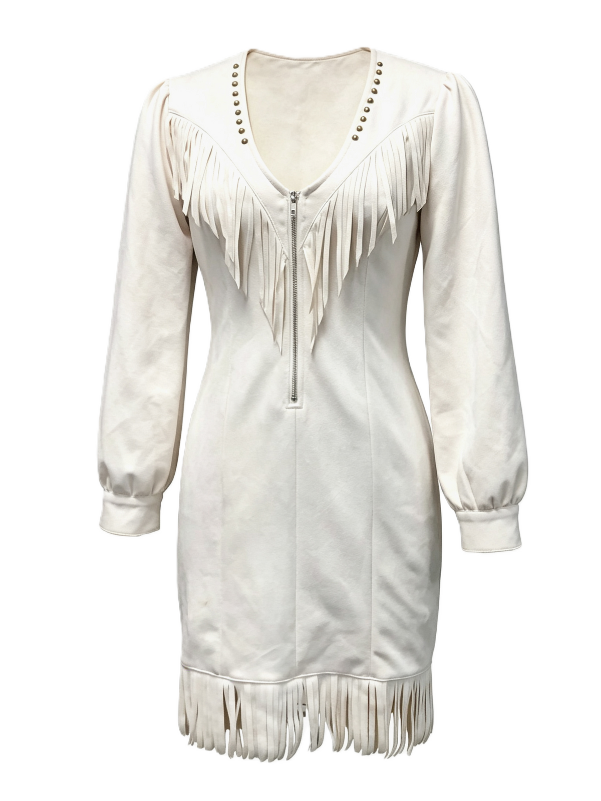 Studded V Neck Fringe Mini Dress Balloon Sleeves - Apricot - 1