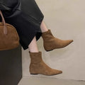 Pointed Toe Faux Suede Flat Ankle Boots - Brown