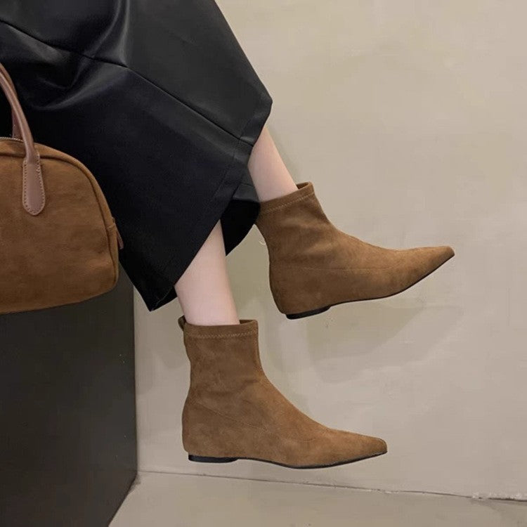 Pointed Toe Faux Suede Flat Ankle Boots