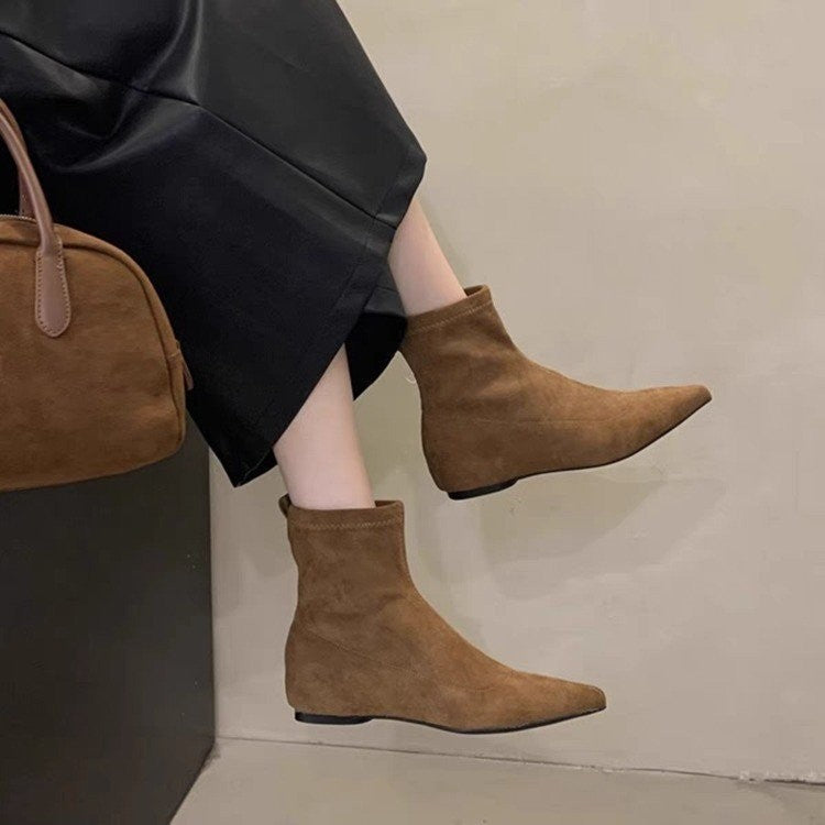 Pointed Toe Faux Suede Flat Ankle Boots