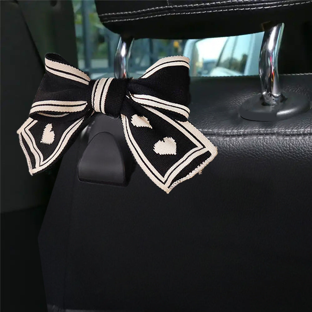 Bow Car Headrest Hook With Heart Print - Black - 1