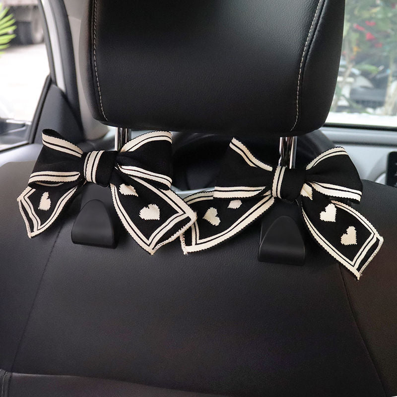 Bow Car Headrest Hook With Heart Print - Black - 2