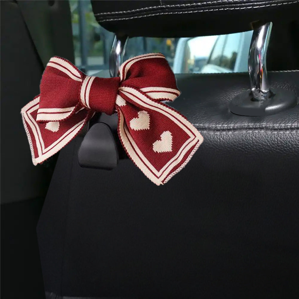 Bow Car Headrest Hook With Heart Print - Red