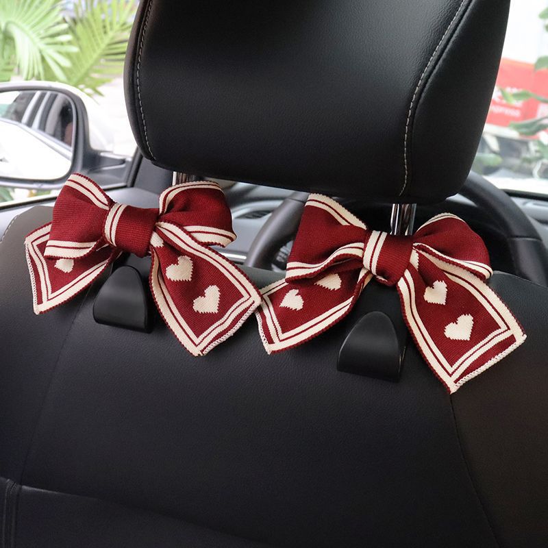 Bow Car Headrest Hook With Heart Print - Red - 1