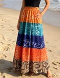 Batik Stripe Maxi Skirt With Elastic Waist - Colorful