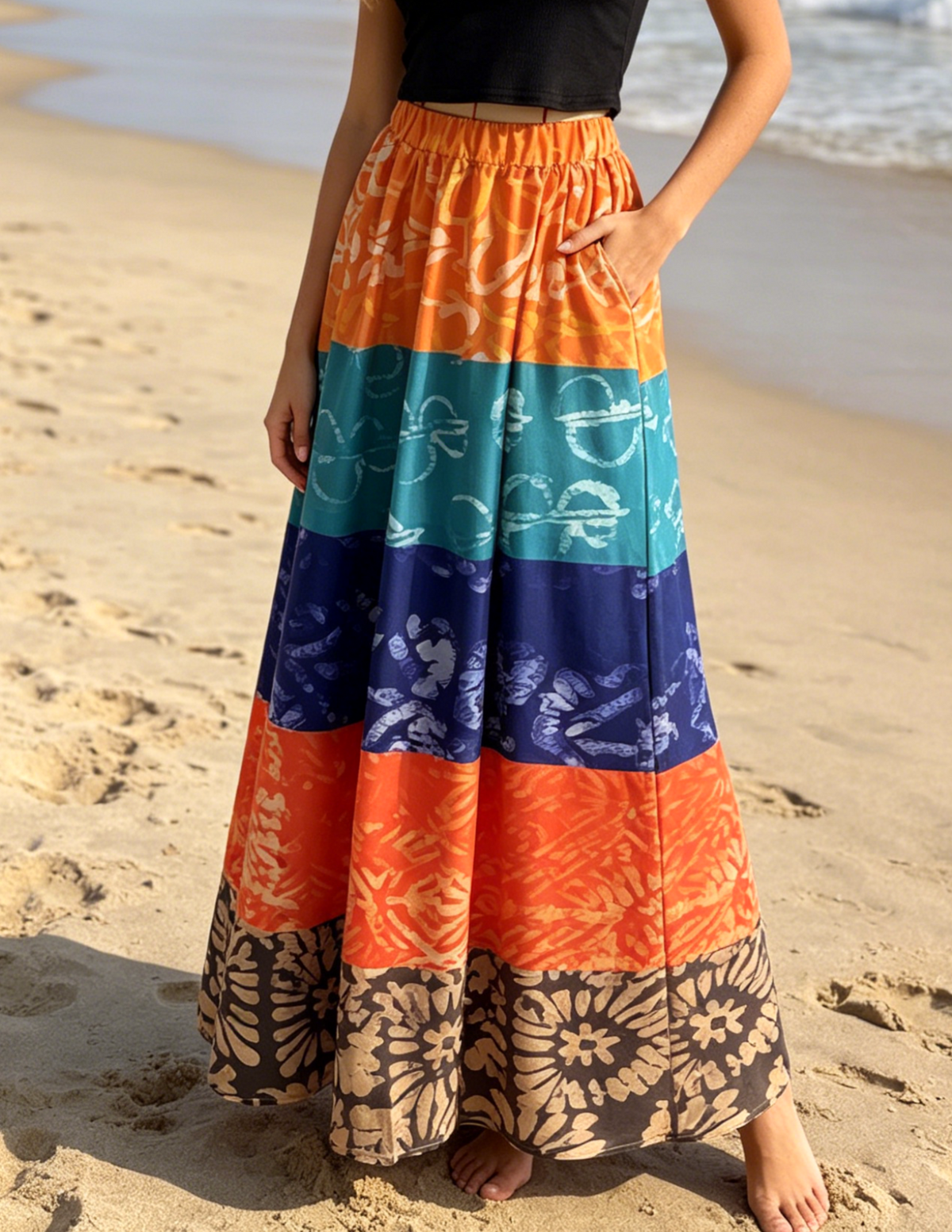 Batik Stripe Maxi Skirt With Elastic Waist - Colorful