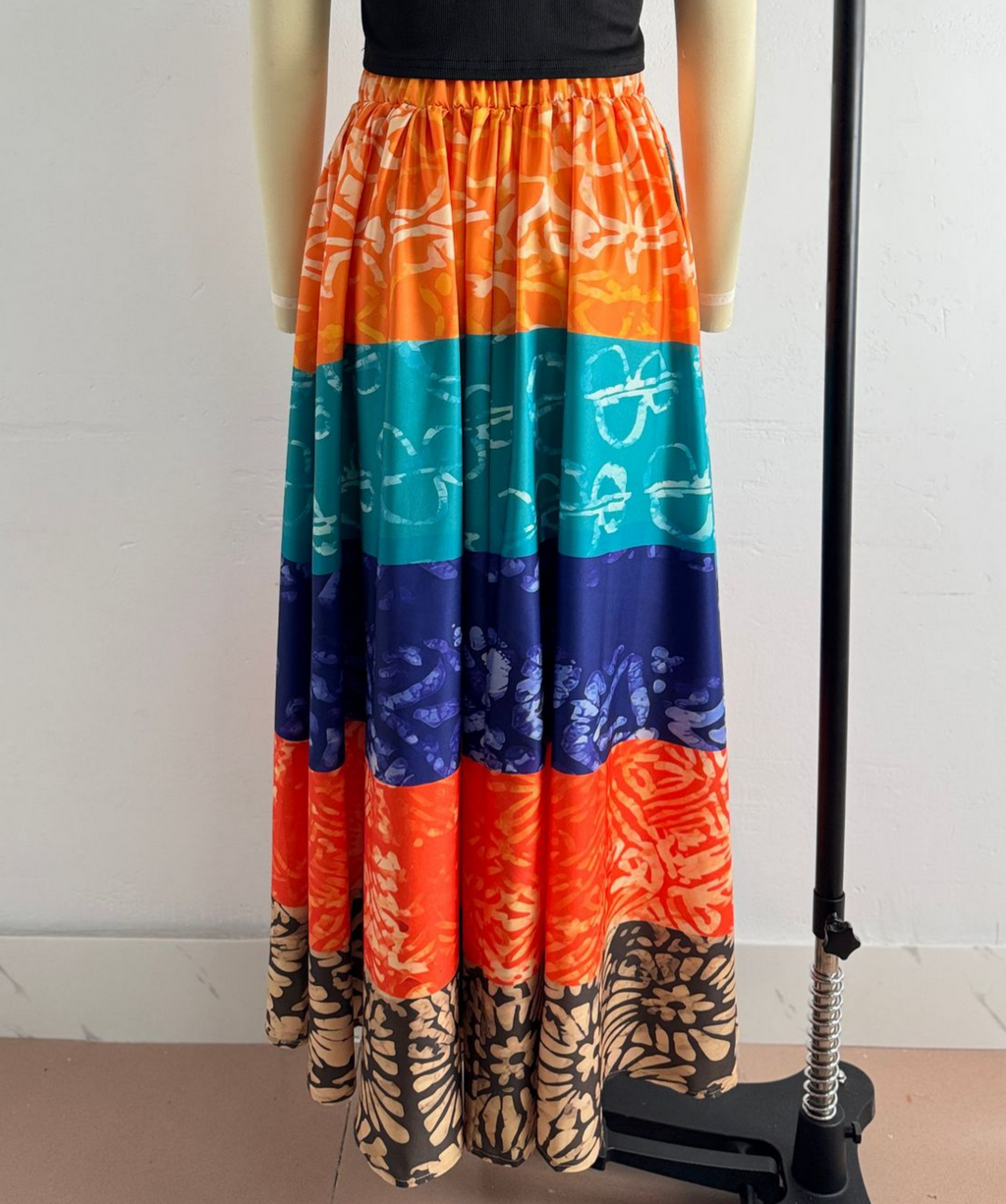 Batik Stripe Maxi Skirt With Elastic Waist - Colorful - 2