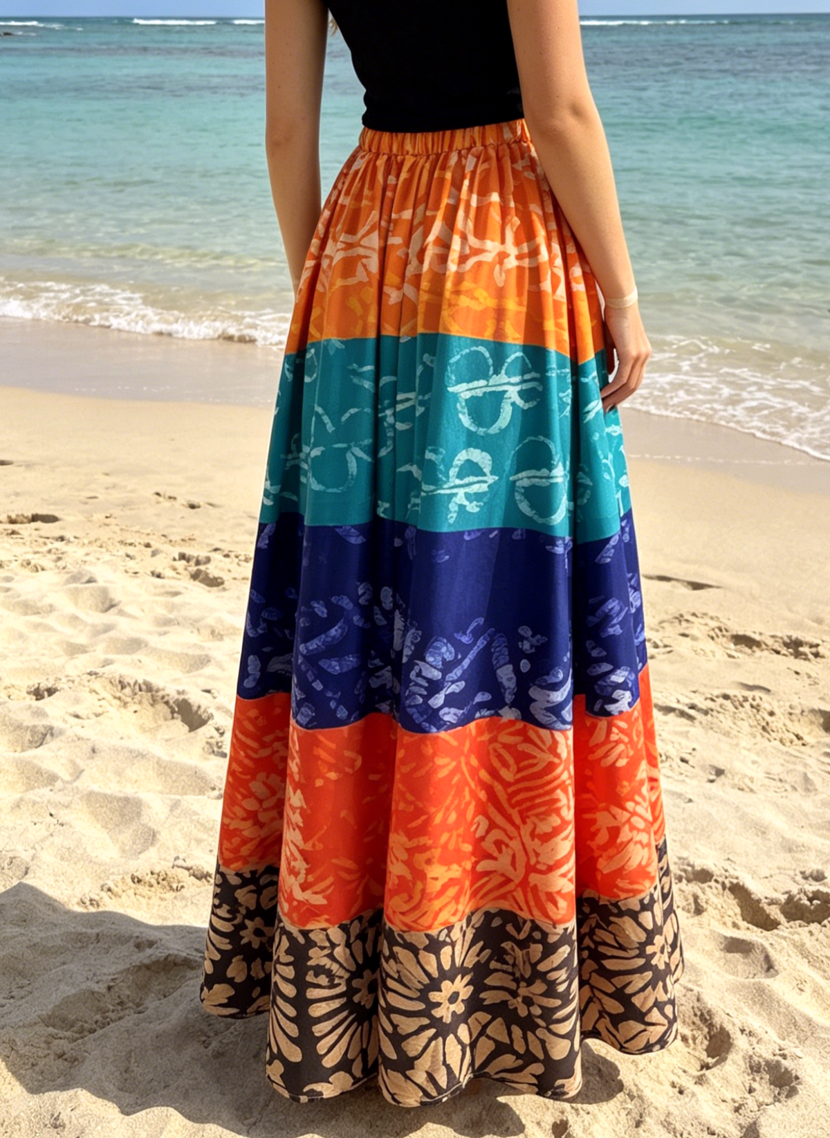 Batik Stripe Maxi Skirt With Elastic Waist - Colorful - 4