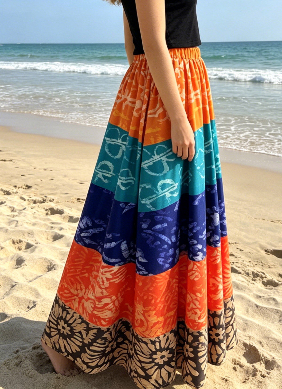 Batik Stripe Maxi Skirt With Elastic Waist - Colorful - 5