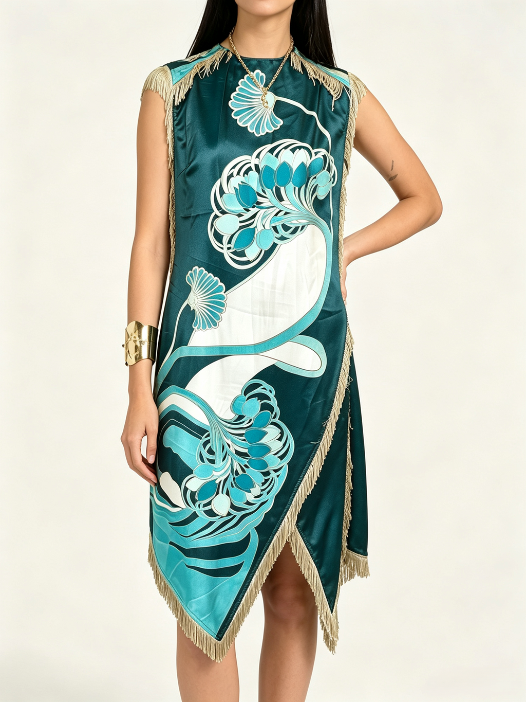 Scarf Print Sleeveless Handkerchief Hem Midi Dress - Green