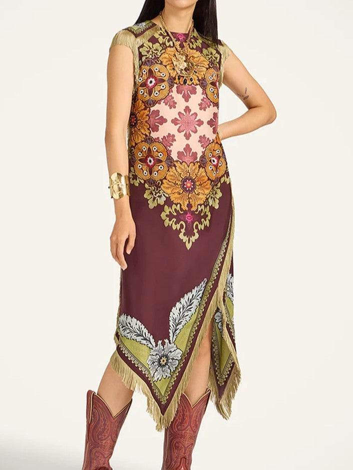 Scarf Print Sleeveless Handkerchief Hem Midi Dress - WineRed
