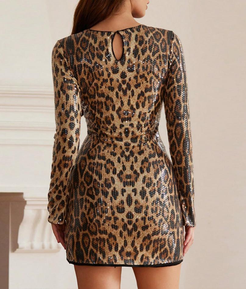 Sequinned Animal Print Bodycon Mini Dress - Brown - 5