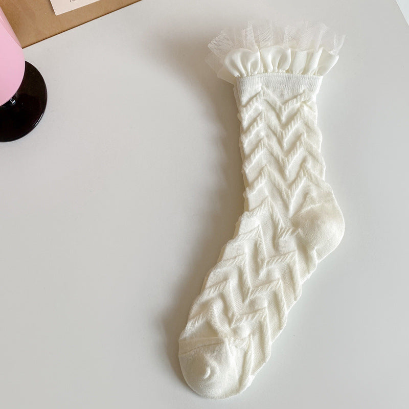 Lace Ruffle Pearl Trim Cotton Socks - Black_wavy