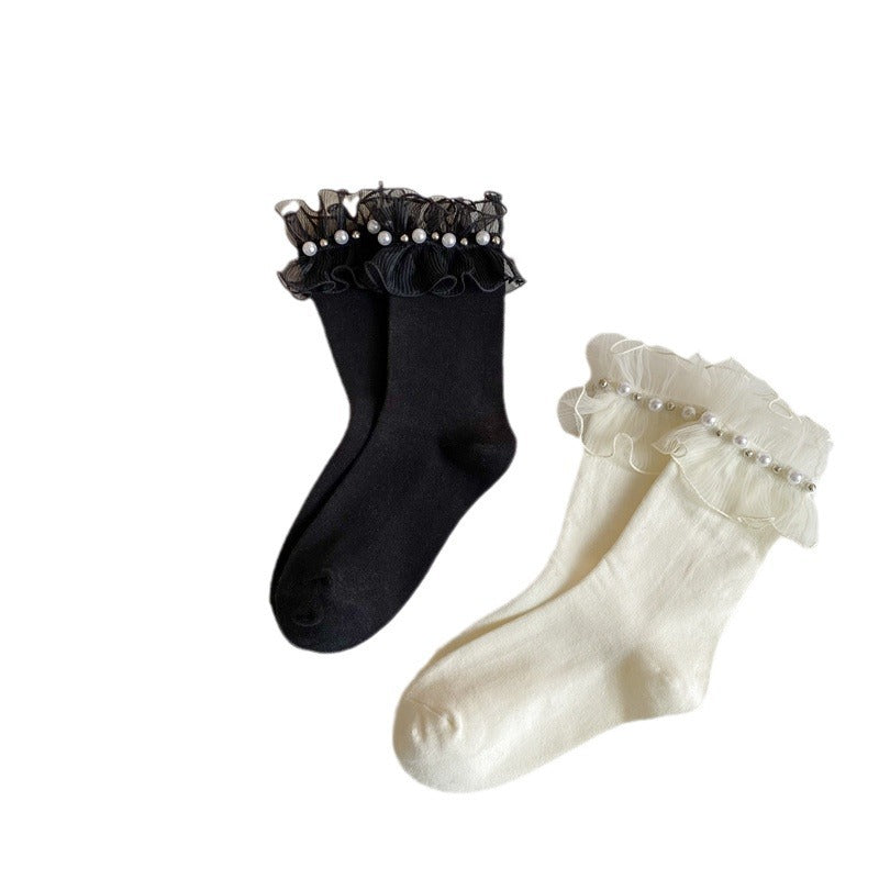 Lace Ruffle Pearl Trim Cotton Socks