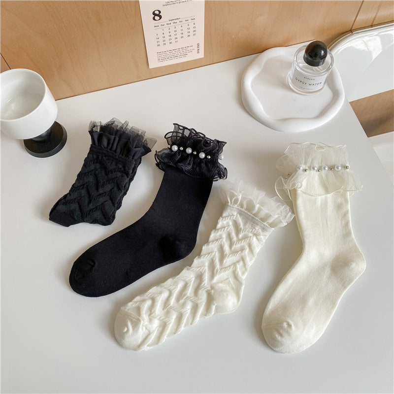 Lace Ruffle Pearl Trim Cotton Socks - view 1