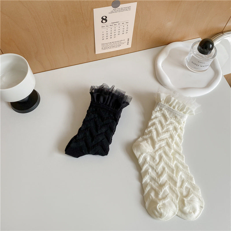 Lace Ruffle Pearl Trim Cotton Socks - view 2