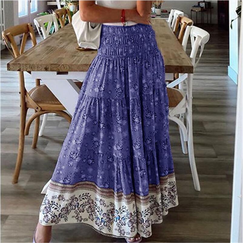 Boho Floral Tiered Maxi Skirt - DarkBlue