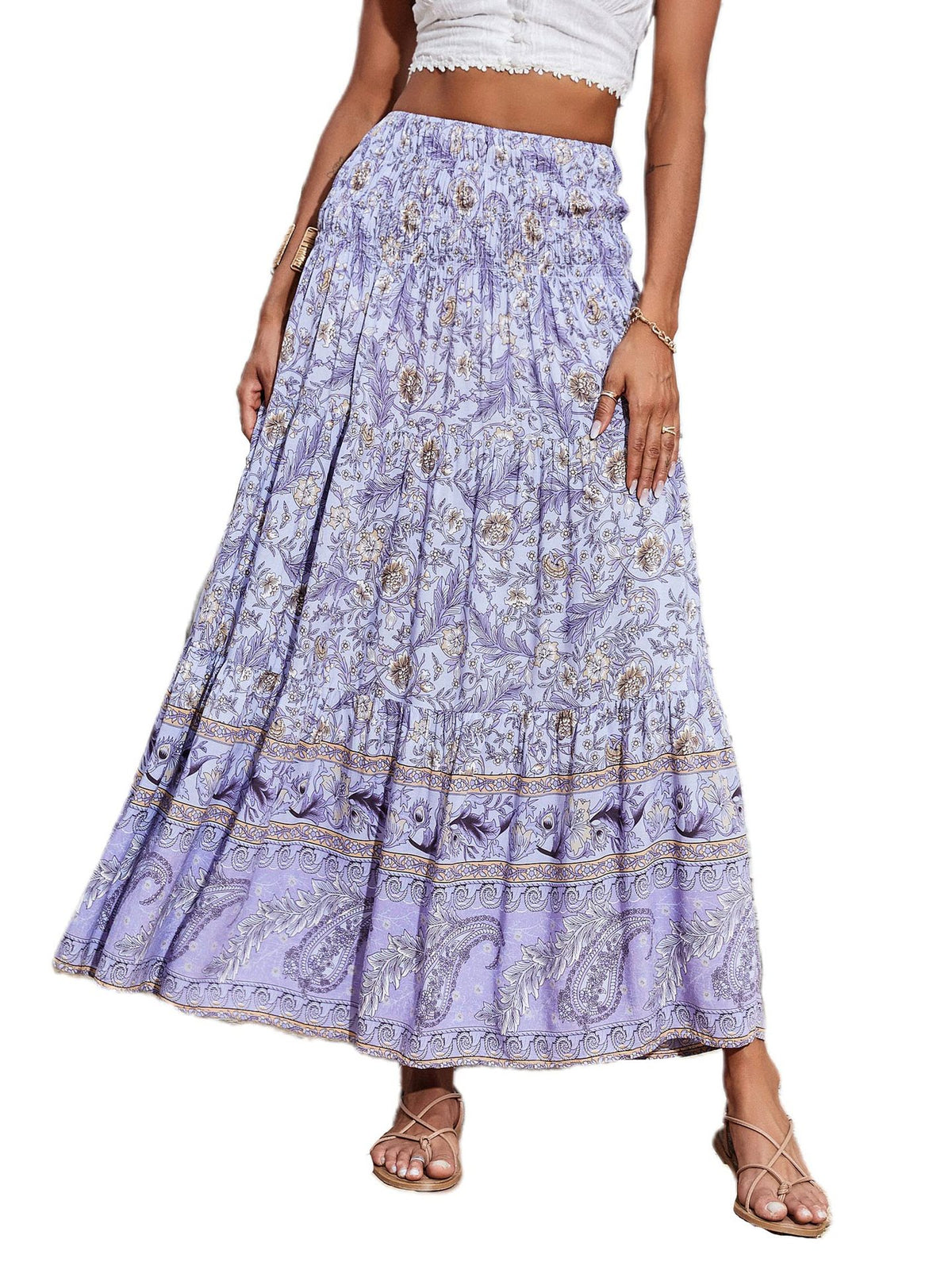 Boho Floral Tiered Maxi Skirt - Lavender